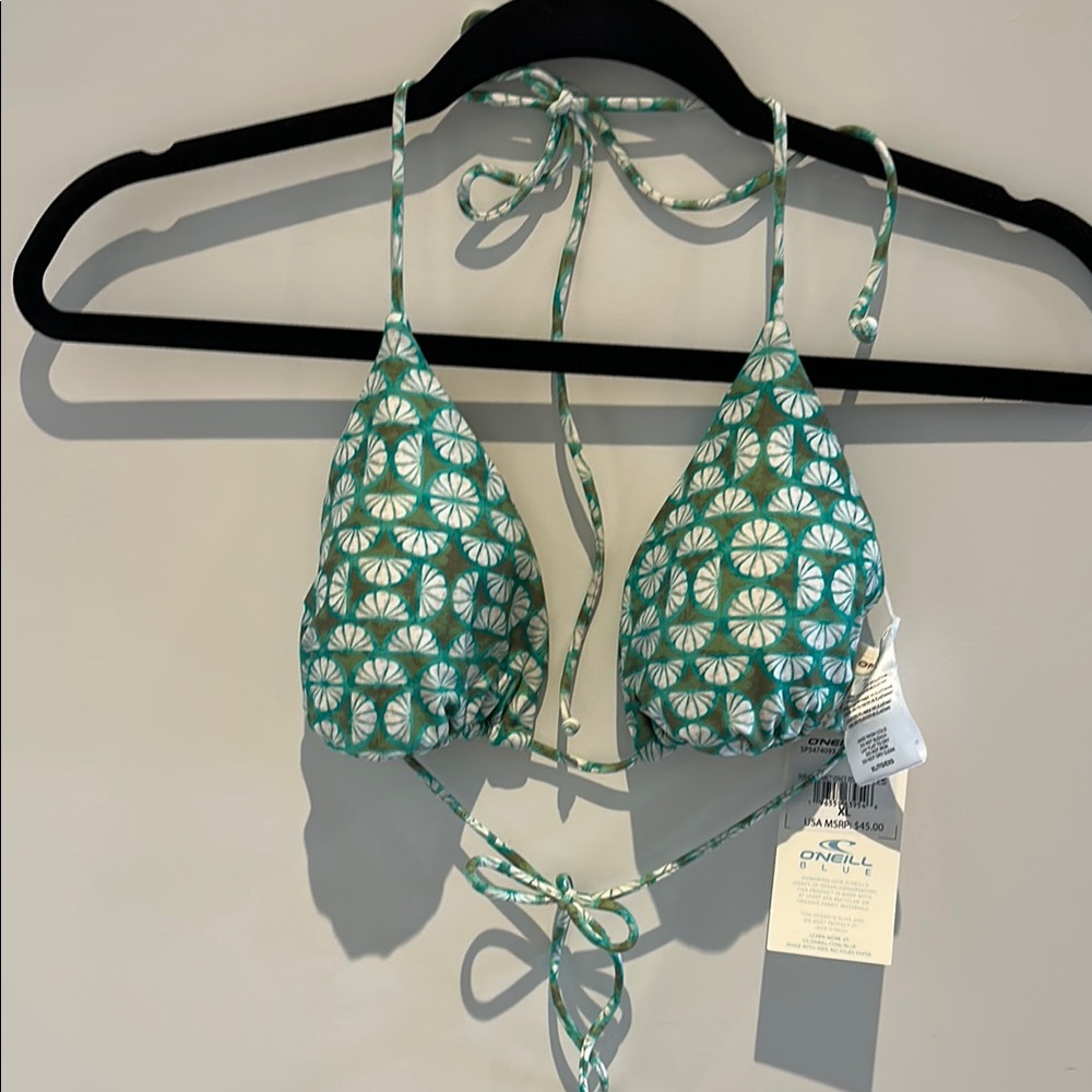 O'Neill Teal and White Patterned Bikini Top: Reversible